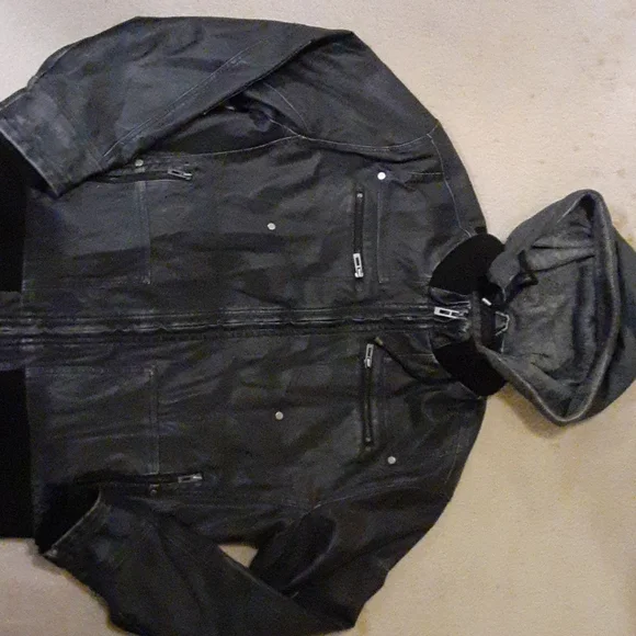 Mens projek raw leather coat with cotton fleece hood - Picture 1 of 4